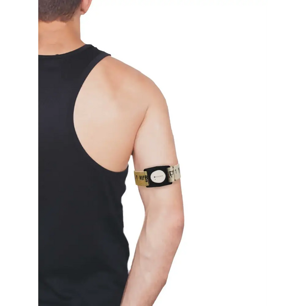 Dexcom G7 Viking Edition armband with rotating clip on person's arm, showcasing stylish design.