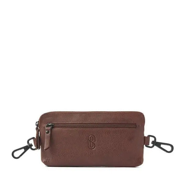 Stylish leather insulin pump waist pack with zipper and hooks for easy access and secure storage.