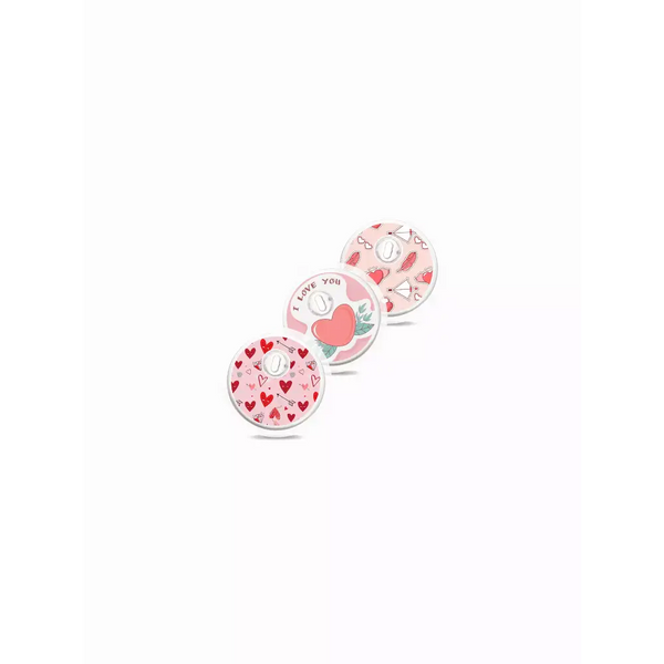 Libre 3 Valentine Edition sensor stickers in vibrant heart designs, set of three.