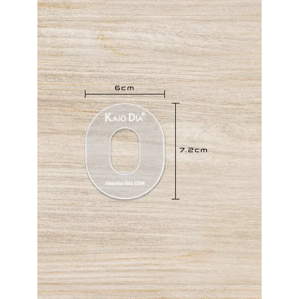 CGM Sensor Patch Template Kaio-Patch on wooden background with dimensions marked.