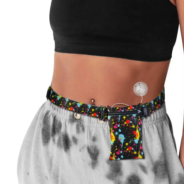 Vertical insulin pump pouch worn on a colorful belt with insulin device, ideal for secure and convenient storage.