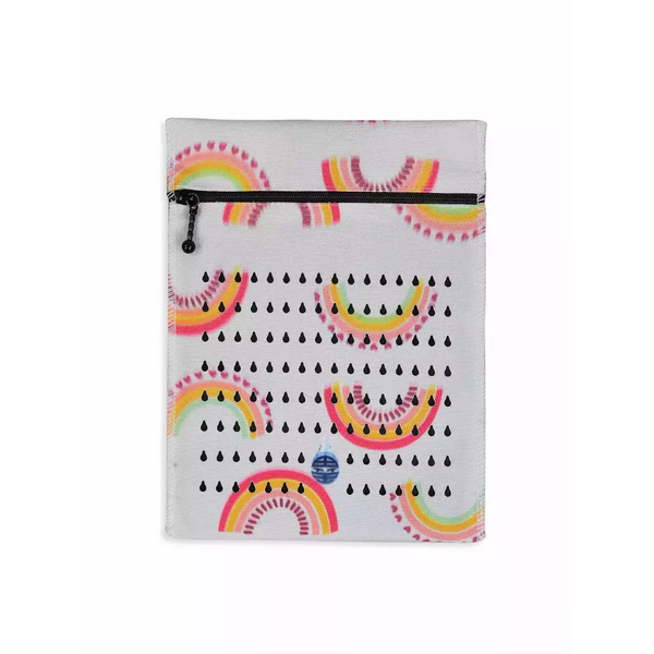 Insulin cooling wallet with rainbow design, suitable for 4 insulin pens or 8 vials, featuring a secure zipper and compact size.