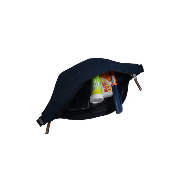 Navy blue zippered pouch in Dia-Fanny Pack for diabetic supplies and insulin pump