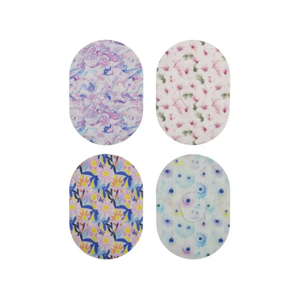 Dexcom G7 sensor patches in vibrant spring designs for secure and comfortable adhesion.