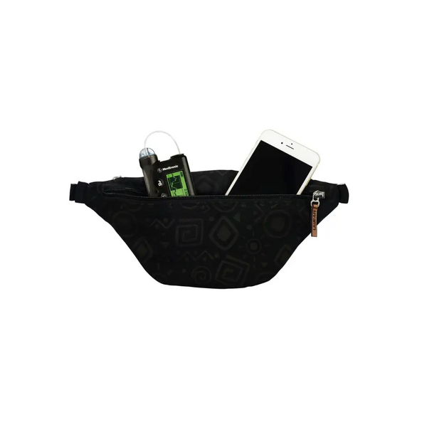 Black Dia-Fanny Pack with pockets for diabetic supplies and an insulin pump