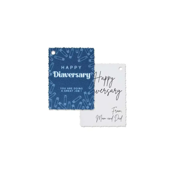 Diaversary gift tags with uplifting designs on blue and white canvas, pre-punched for easy attachment.