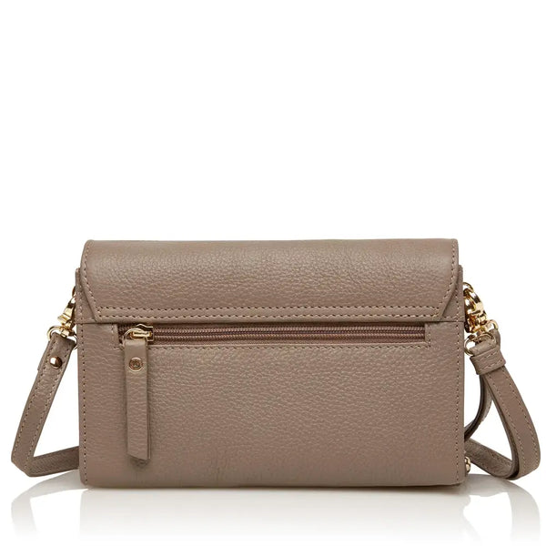 Taupe feminine leather diabetic shoulder bag with adjustable strap and zippered pocket
