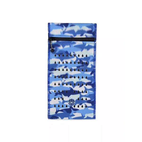 Insulin cooling wallet for kids with blue camouflage design, zipper closure, fits 2 insulin pens or vials.