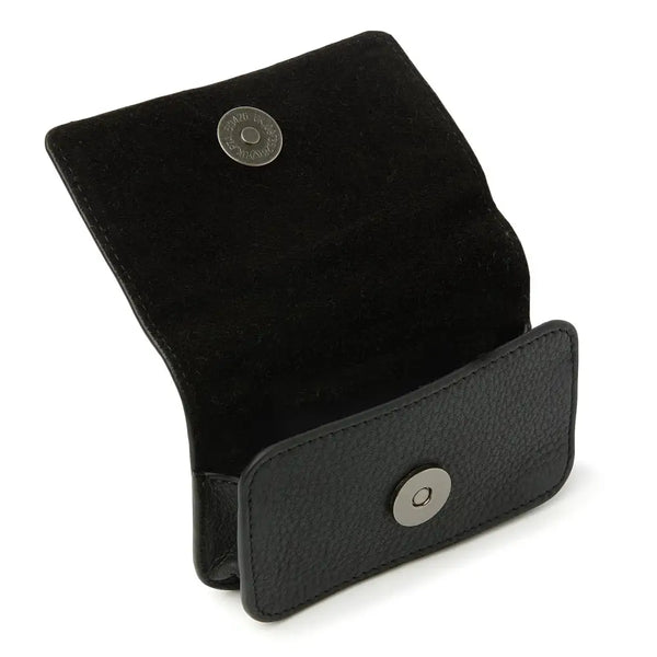 Leather insulin pump holder with magnetic flap open, showcasing high-quality craftsmanship for diabetes management.
