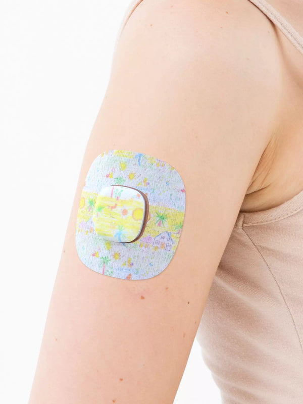 Simplera Sensor Patch on arm, colorful and secure adhesive for Medtronic CGM.