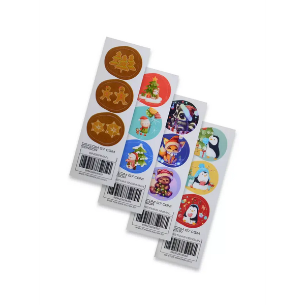 Christmas Edition Dexcom G7 CGM Sensor Stickers featuring festive designs in a set of three sheets.