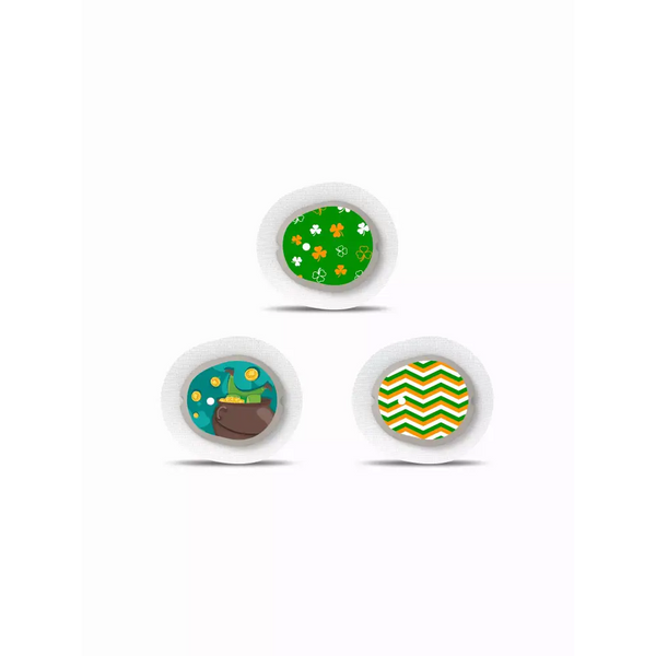 St. Patrick's Day Dexcom G7 sensor stickers set with festive designs, including shamrocks and Irish themes.