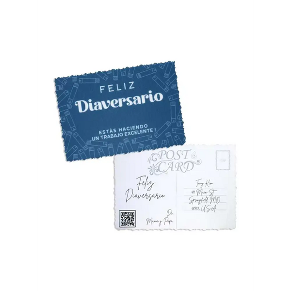 Empowering Diaversary Postcards with message in Spanish, featuring unique designs and personalized space.