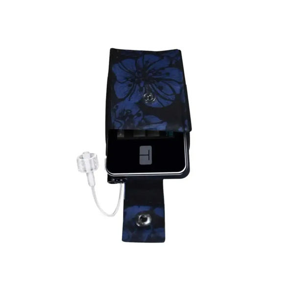 Compact Dia-Mini Pouch Slim for insulin pump, featuring elastic material and floral design, with a built-in loop and carabiner.