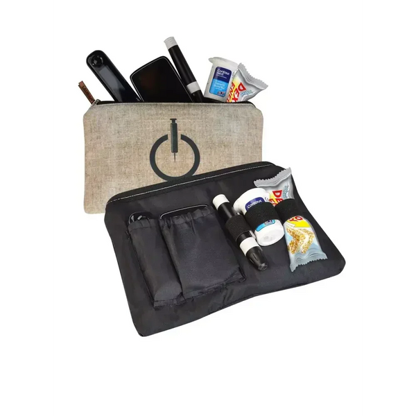 Zipper bag for diabetics with compartments for glucose meter, test strips, lancets, and snacks.