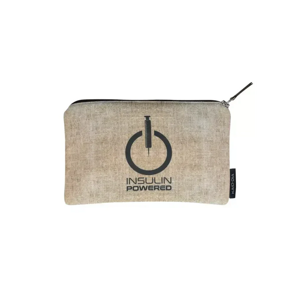 Zipper bag for diabetics with insulin themed design, beige fabric, ideal for glucose meters and supplies.