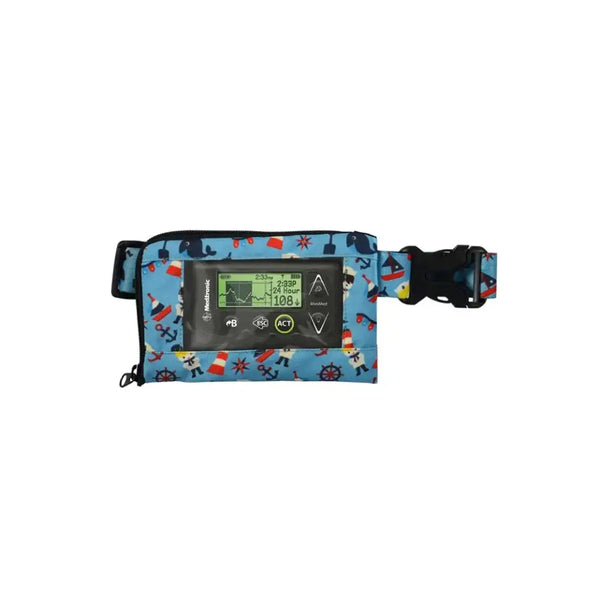Insulin pump belt with window for kids in a colorful design, suitable for various insulin pumps.
