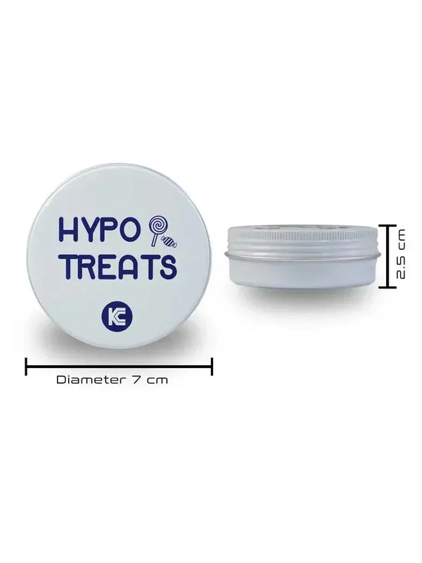 Large tin box for hypo treats by Kaio-SMT, 7 cm diameter, 2.5 cm height, diabetes accessory.