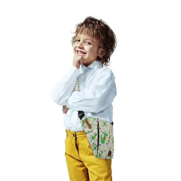 Child wearing Dia-Go shoulder bag with cooling system for insulin storage and diabetes supplies