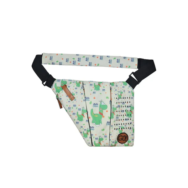 Children's shoulder bag with cooling system for insulin, featuring playful dinosaur print and adjustable strap.