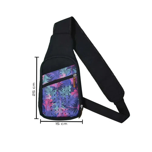 Shoulder bag with insulin cooling system - Dia-GO! Lite, diabetes essentials organizer, black with tropical print, lightweight, 25x15 cm.