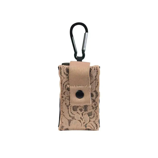 Universal insulin pump pouch in lace design with carabiner attachment.