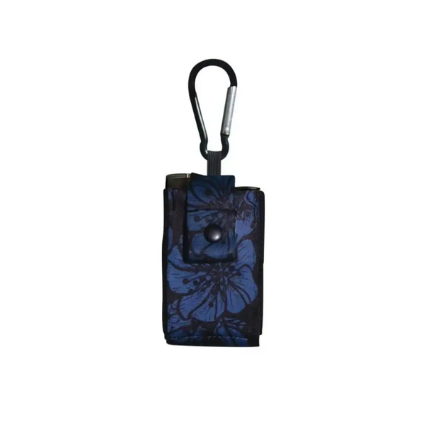 Pouch for insulin pump with floral design, featuring a carabiner for easy attachment.