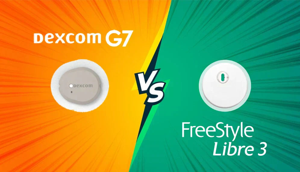 Dexcom G7 vs FreeStyle Libre 3 CGM sensors comparison showing two glucose monitoring devices side by side Imagen