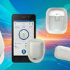 insulin patch pumps and smartphone app display showing modern tubeless insulin pump technology for diabetes management