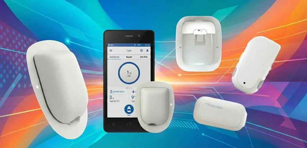 insulin patch pumps and smartphone app display showing modern tubeless insulin pump technology for diabetes management Imagen