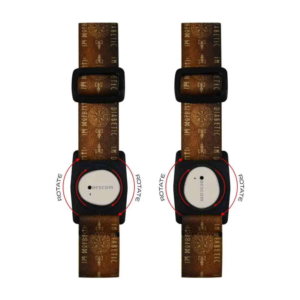 Dexcom G7 blood glucose sensor armband with Viking-themed design, featuring rotating clip.