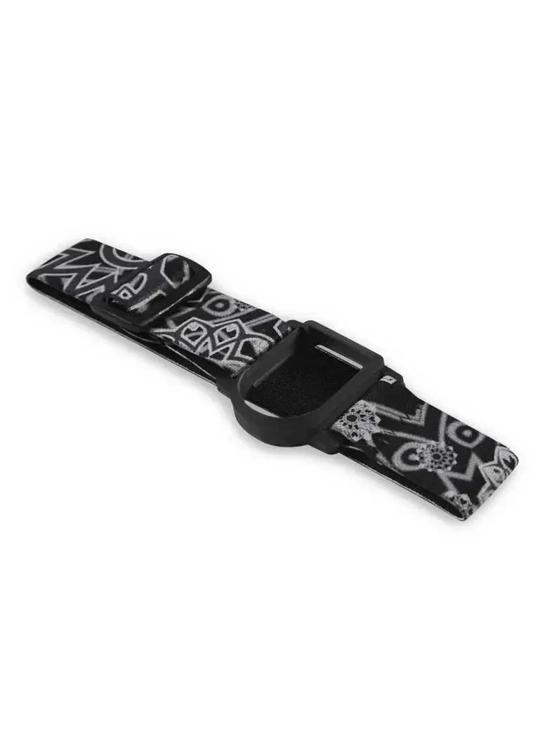 Adjustable black and white patterned GlucoMen Day CGM armband for blood glucose sensor with secure clip and ergonomic design