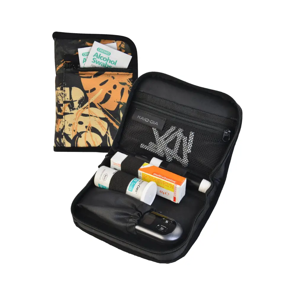 Compact diabetic travel case for glucose meter and daily supplies, with multiple compartments and stylish design.
