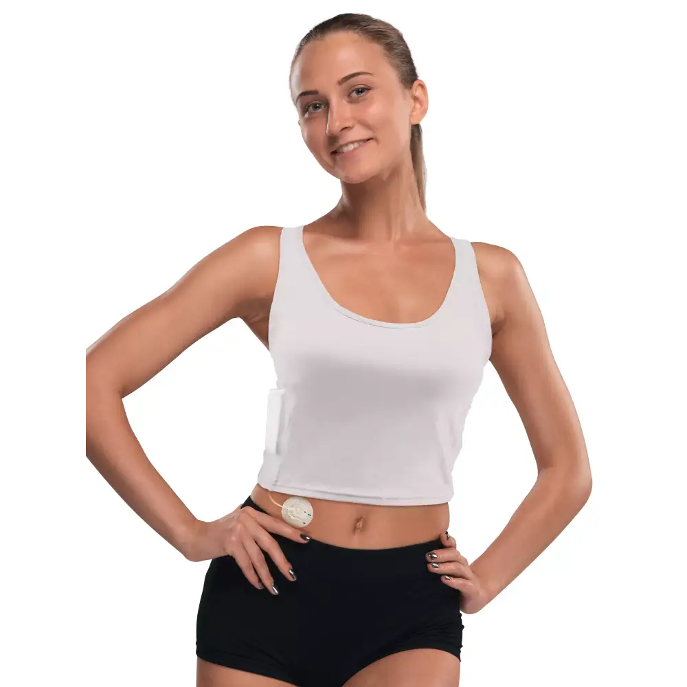 Adaptive woman's crop top designed for insulin pumps, offering comfort and style for modern women with diabetes.