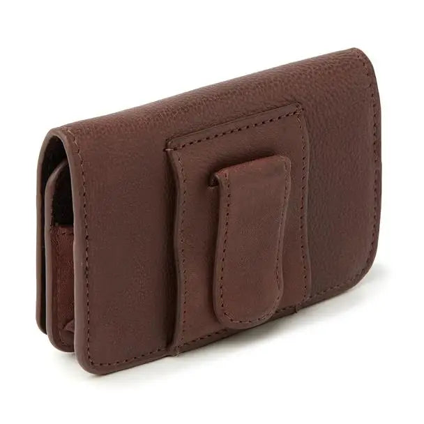 Leather insulin pump bag with a secure flap, magnetic button, and back tab for versatile attachment.