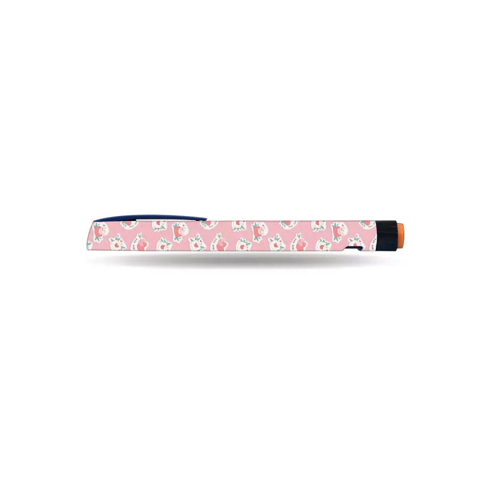 NovoRapid Flexpen with pink Valentine-themed love heart design sticker for diabetes care.