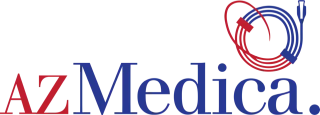 AZ Medica logo with red "AZ" and blue "Medica", featuring coiled red and blue medical cables. Imagen