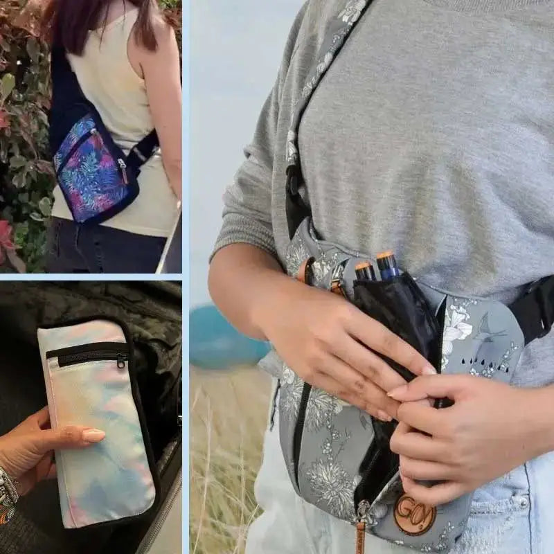 Collage of diabetic bags: a woman wearing a floral sling bag, another holding a grey floral fanny pack with insulin pens, and a hand holding a tie-dye pouch.