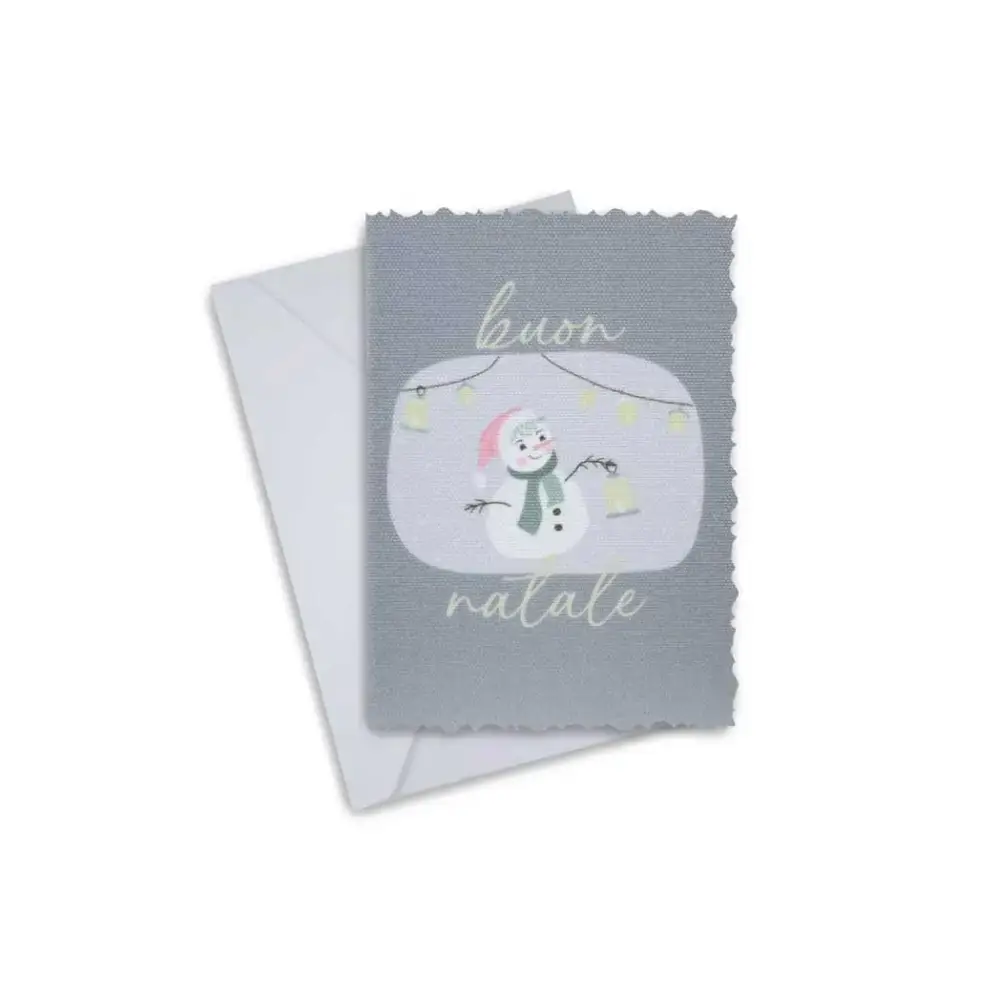Elegant Christmas Greeting Card with snowman design, featuring "buon natale" text, and an accompanying envelope.