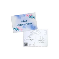 Diaversary Postcards with blue and pink candy design, featuring "Felice Dianniversario" text and personalized message space.
