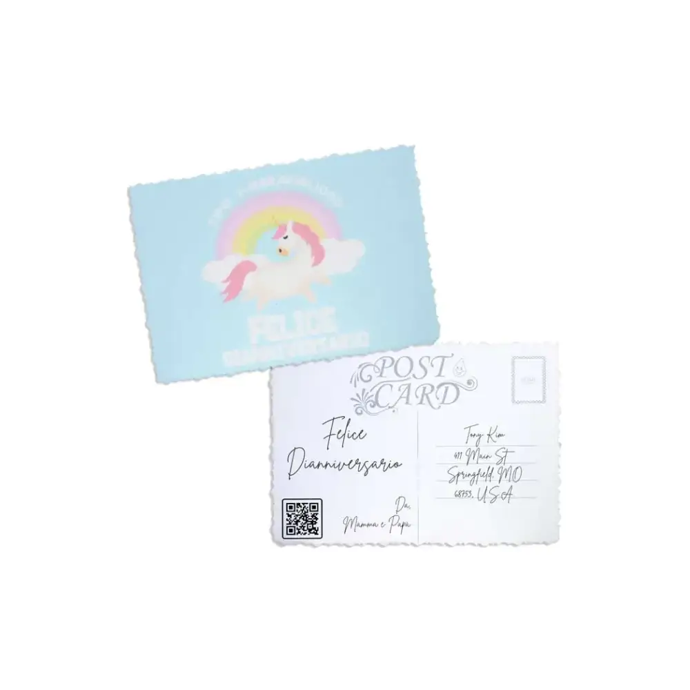 Diaversary postcards with empowering designs on premium canvas, featuring a unicorn and blank space for personalization.