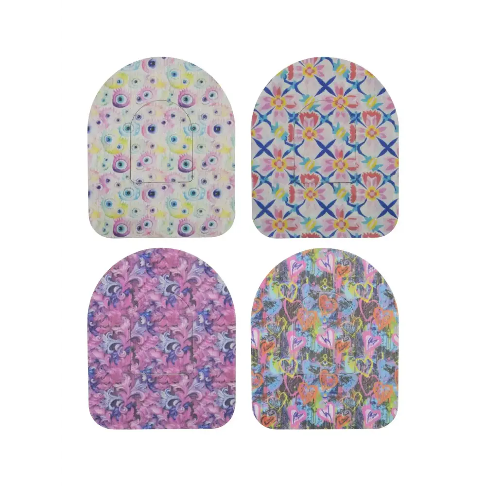 Parches adhesivos para pod Omnipod, serie Spring, 4 diseños uno al lado de otro