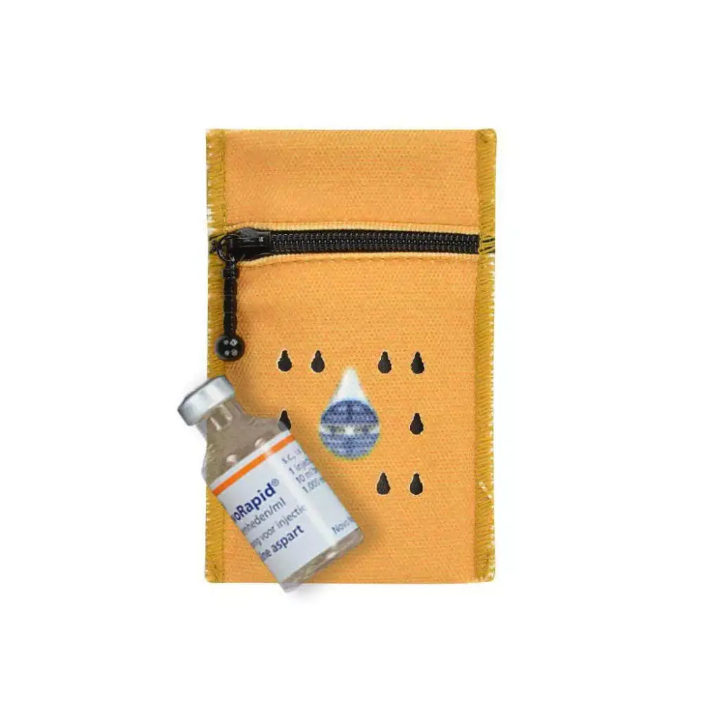 Cooling wallet for 1 insulin vial in plain yellow with zipper and water droplet design