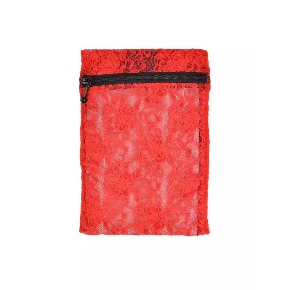 Insulin cooling wallet in red lace design, fits 3 insulin pens or 5 vials, featuring a durable zipper.