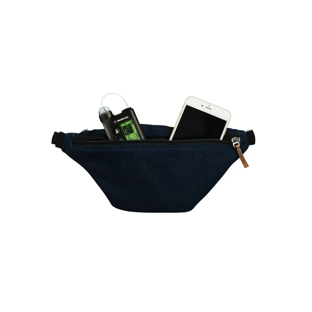 Navy blue Dia-Fanny Pack featuring diabetic supplies and essentials visible inside