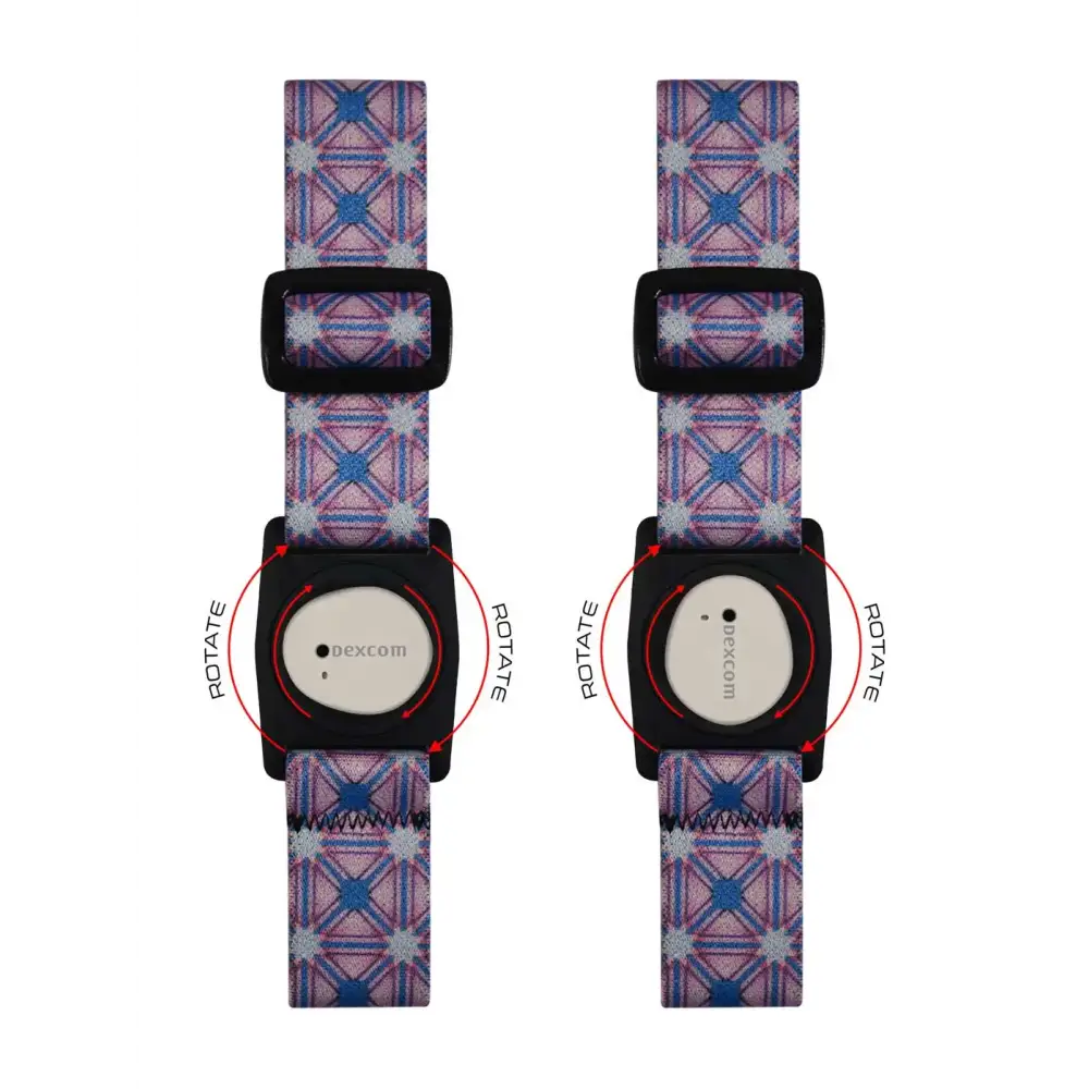 Dexcom G7 Armband with Rotating Clip featuring geometric pink and blue patterns Summer Edition