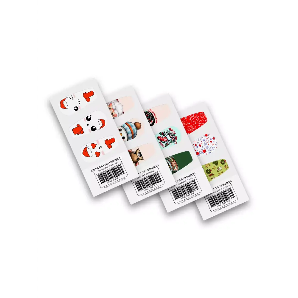 Colorful Dexcom G6 Stickers with festive designs for Christmas 2024 and holiday fun