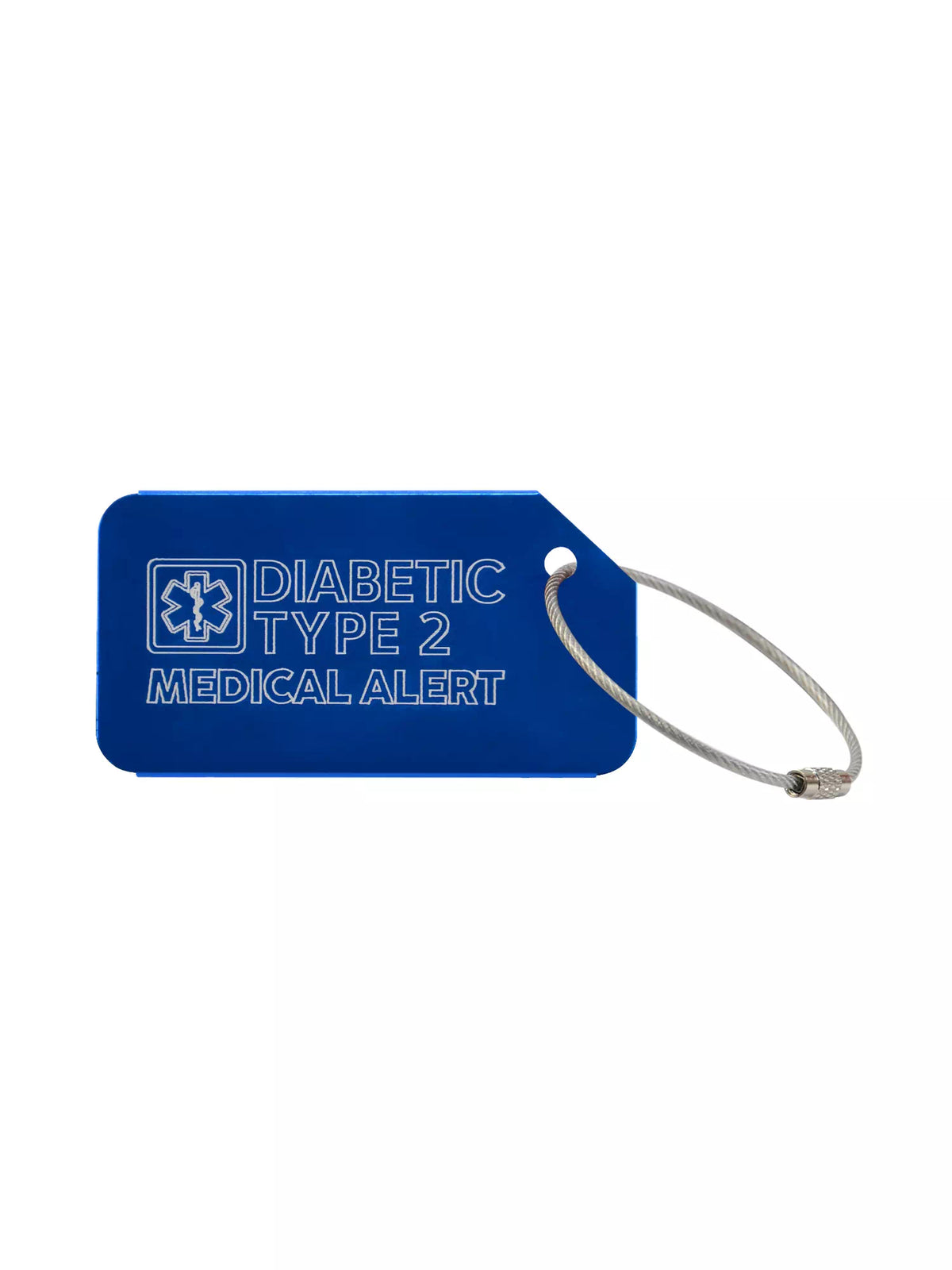 Blue luggage tag with the text 'Diabetic Type 2 Medical Alert' engraved.