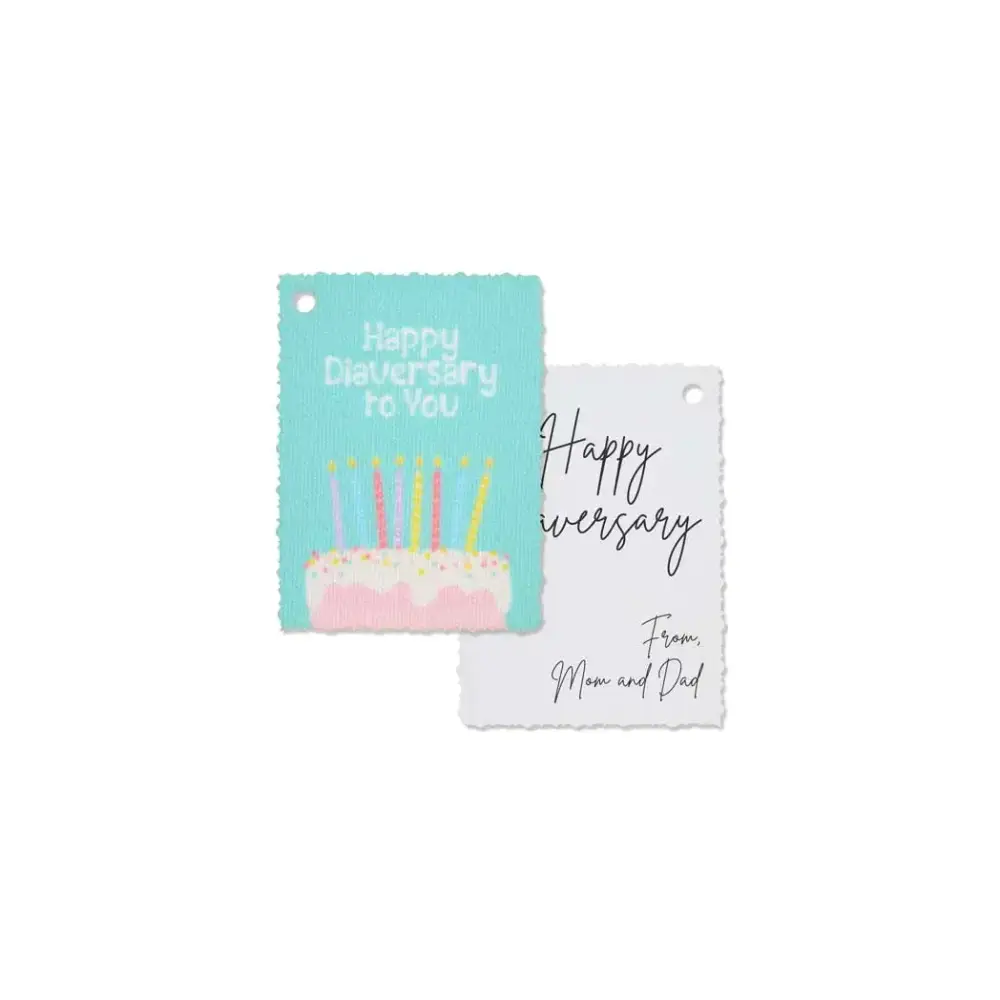 Diaversary gift tags with colorful designs and pre-punched holes, celebrating diabetes anniversaries.