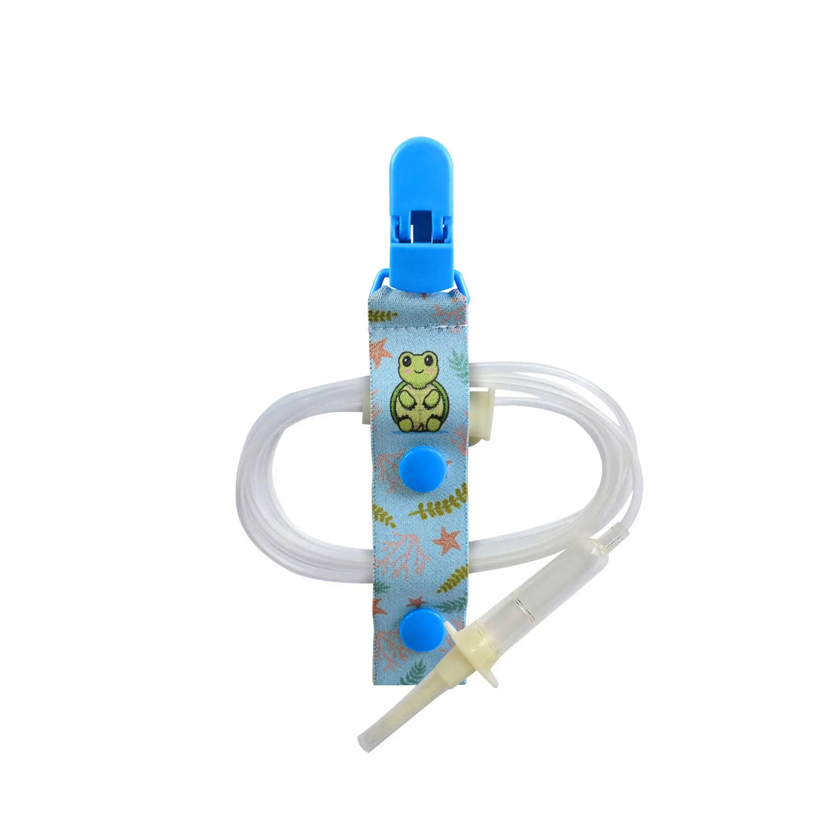 feeding tube clip shown with tube demonstrating secure hold and proper positioning for medical tubing